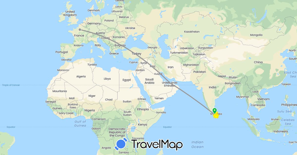 TravelMap itinerary: driving, bus, plane, cycling in United Arab Emirates, France, Sri Lanka (Asia, Europe)
