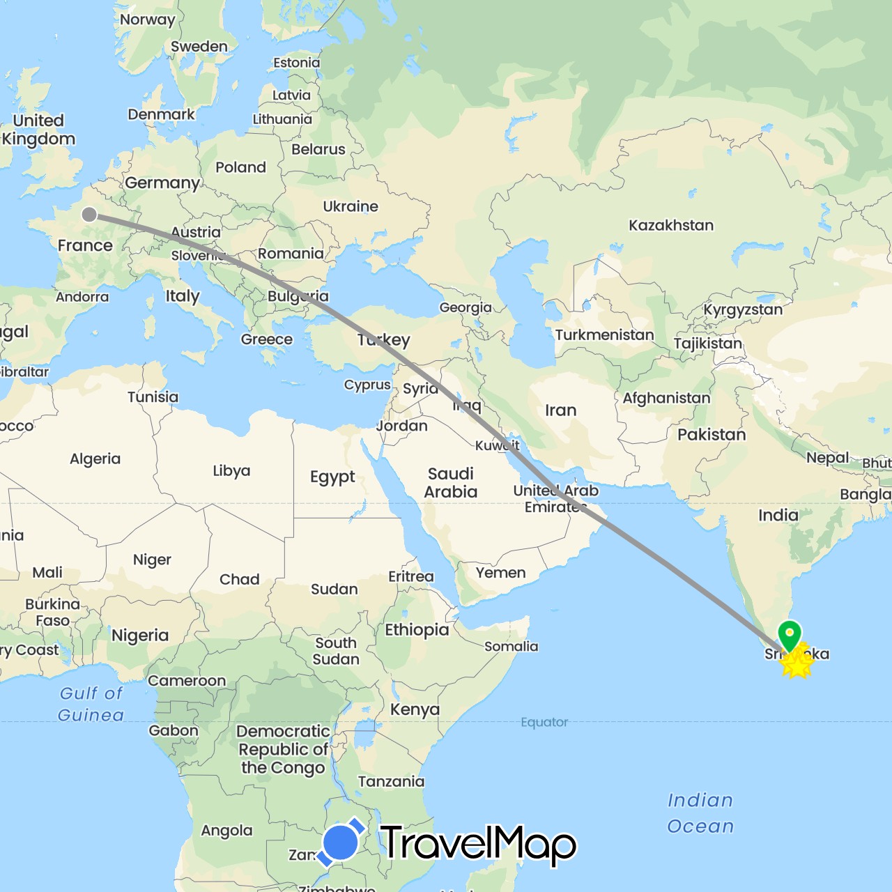 TravelMap itinerary: driving, bus, plane, cycling in United Arab Emirates, France, Sri Lanka (Asia, Europe)