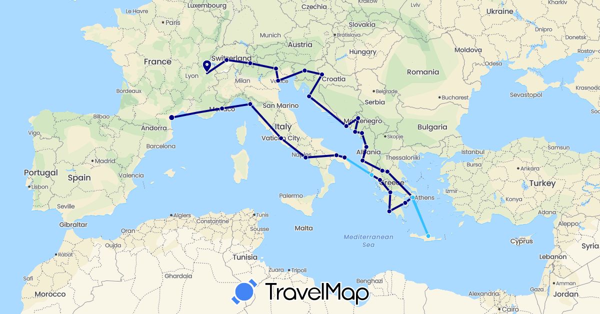 TravelMap itinerary: driving, boat in Albania, Switzerland, France, Greece, Croatia, Italy, Montenegro, Slovenia (Europe)