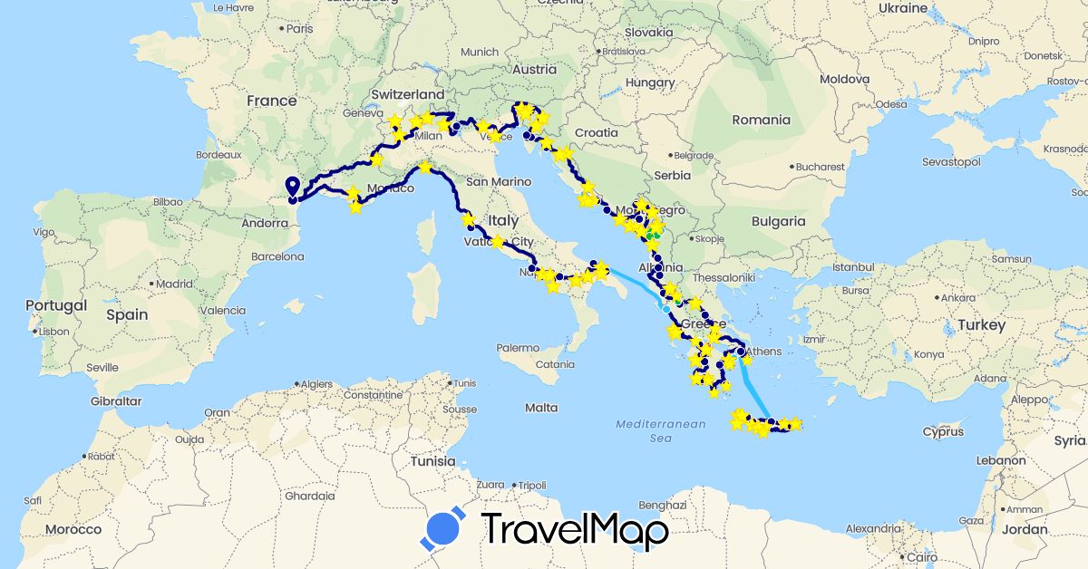TravelMap itinerary: driving, bus, cycling, train, hiking, boat in Albania, France, Greece, Croatia, Italy, Montenegro, Slovenia, Vatican City (Europe)