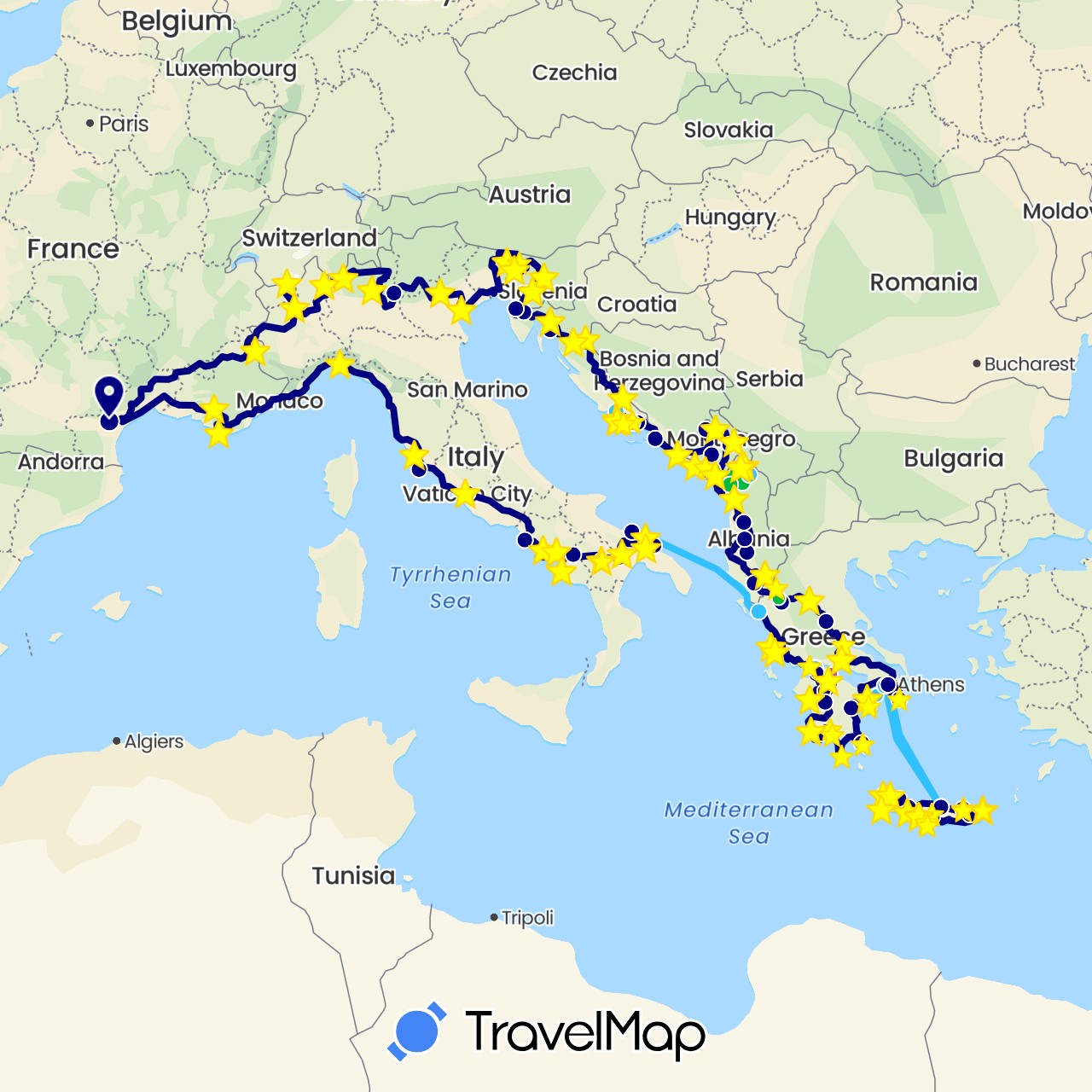 TravelMap itinerary: driving, bus, cycling, train, hiking, boat in Albania, France, Greece, Croatia, Italy, Montenegro, Slovenia, Vatican City (Europe)