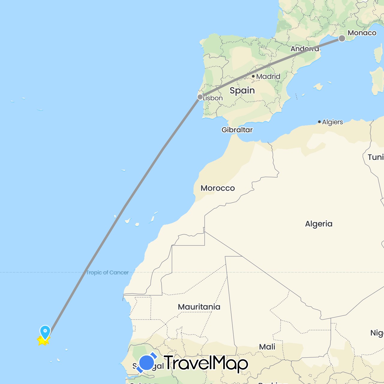 TravelMap itinerary: driving, plane, hiking, boat in Cape Verde, France, Portugal (Africa, Europe)