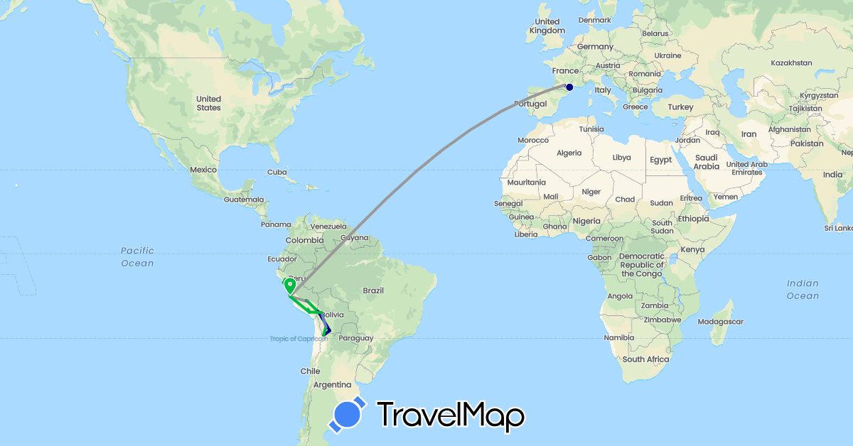 TravelMap itinerary: driving, bus, plane, cycling, train in Bolivia, France, Peru (Europe, South America)