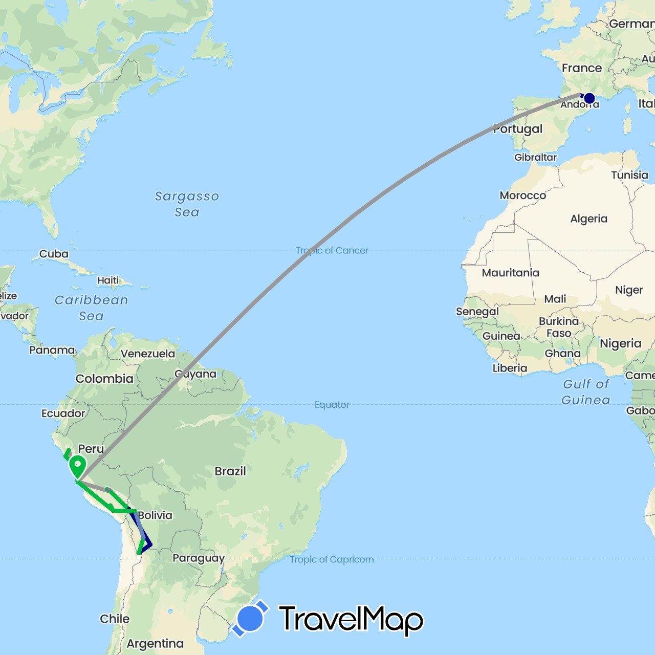 TravelMap itinerary: driving, bus, plane, cycling, train in Bolivia, France, Peru (Europe, South America)