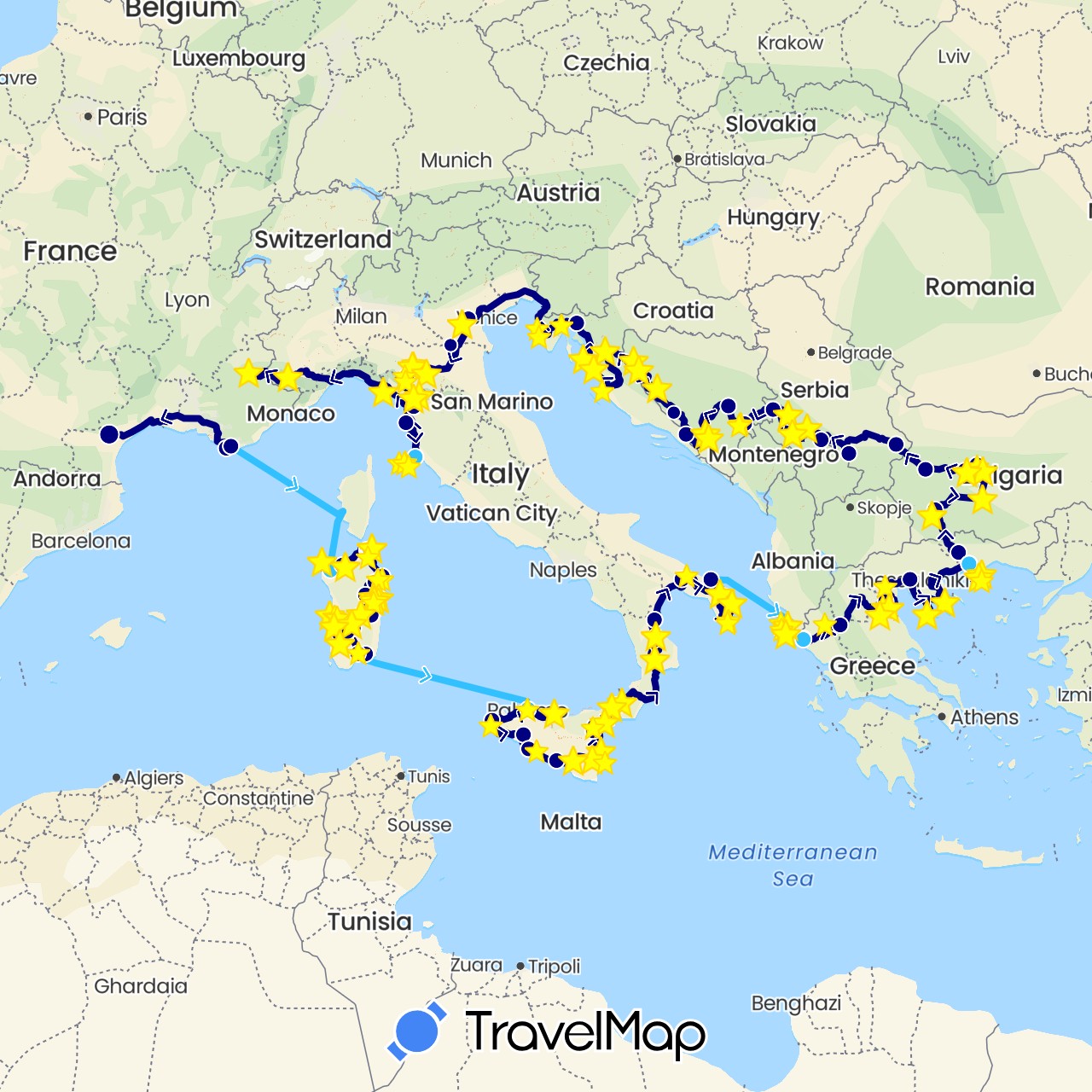 TravelMap itinerary: driving, boat in Bosnia and Herzegovina, Bulgaria, France, Greece, Croatia, Italy, Serbia (Europe)