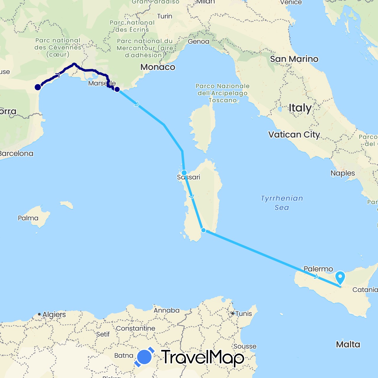 TravelMap itinerary: driving, boat in France, Italy (Europe)