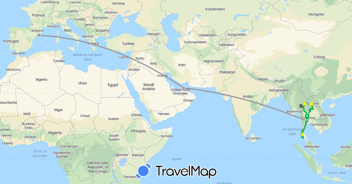 TravelMap itinerary: driving, bus, plane, boat, motorbike in United Arab Emirates, Spain, Laos, Thailand (Asia, Europe)