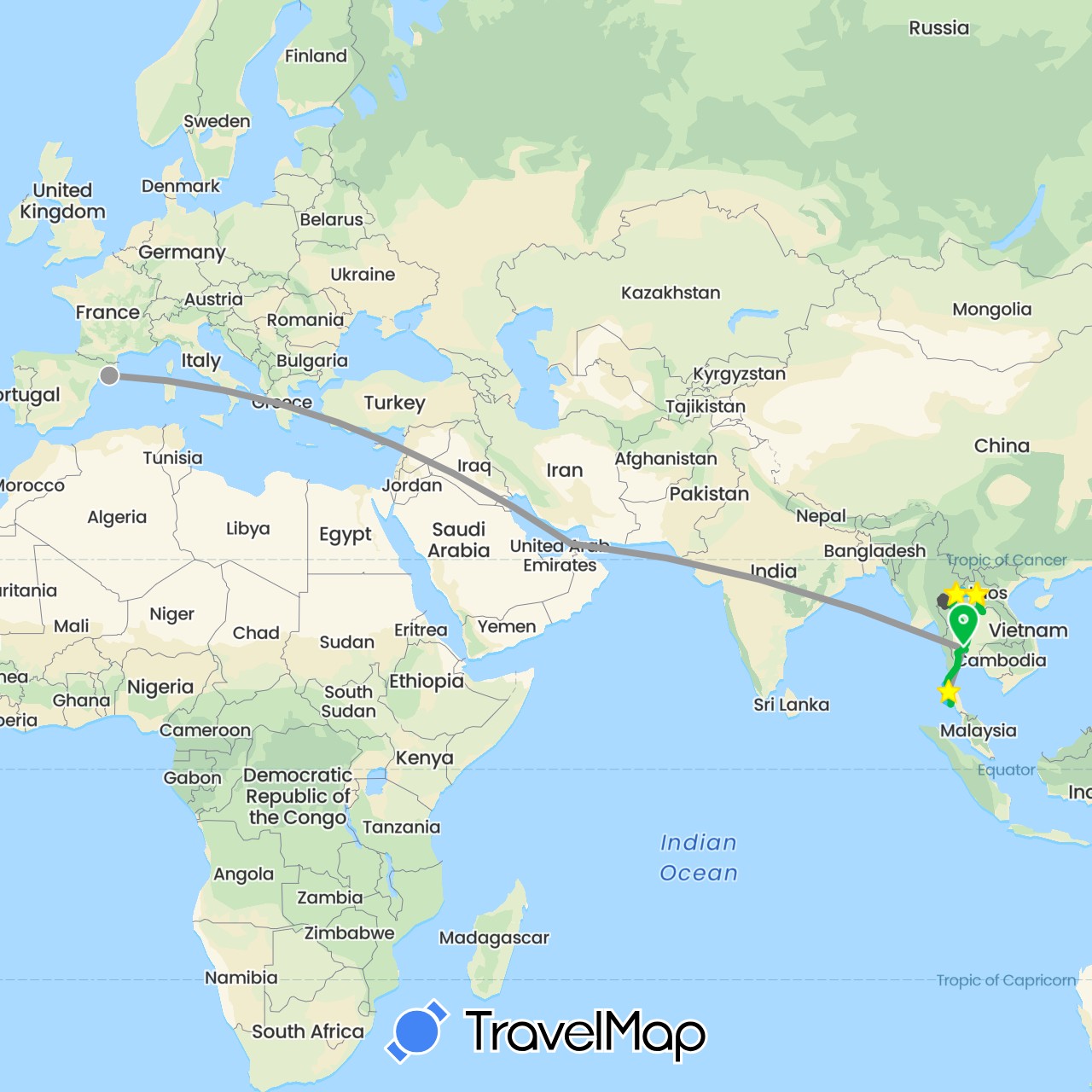 TravelMap itinerary: driving, bus, plane, boat, motorbike in United Arab Emirates, Spain, Laos, Thailand (Asia, Europe)