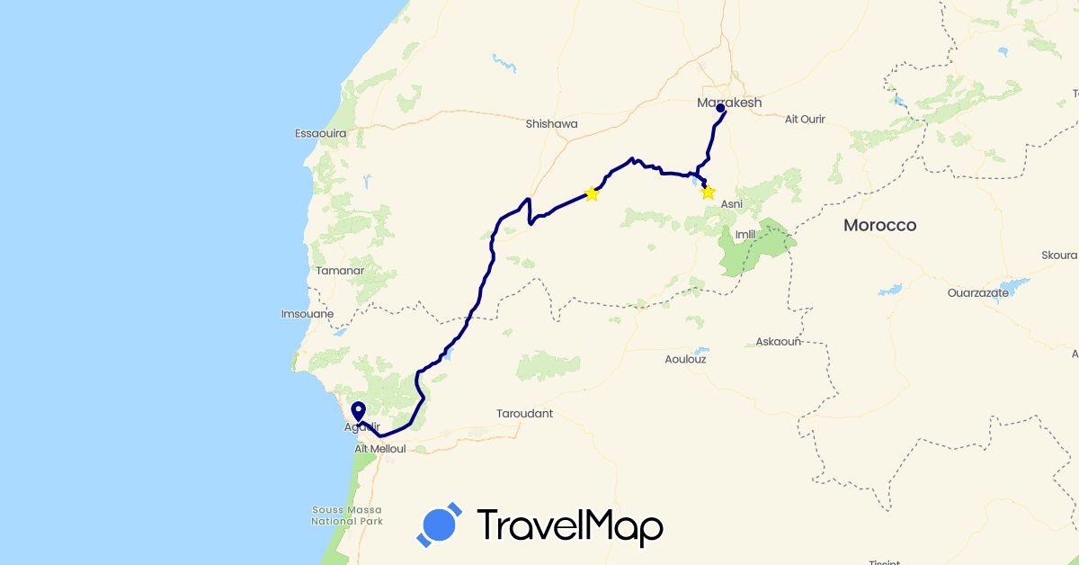 TravelMap itinerary: driving, plane in Morocco (Africa)