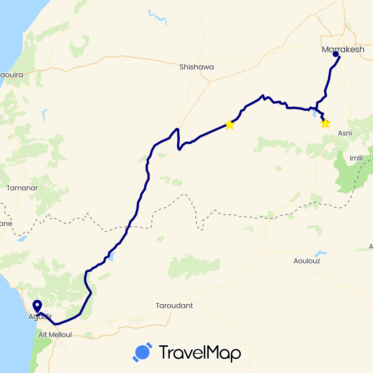 TravelMap itinerary: driving, plane in Morocco (Africa)